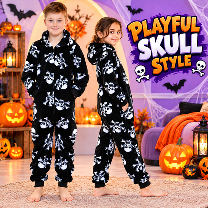 Kids Fun Halloween Skull Bones Print Onesie Pyjama Sets For Girls Boys Jumpsuit