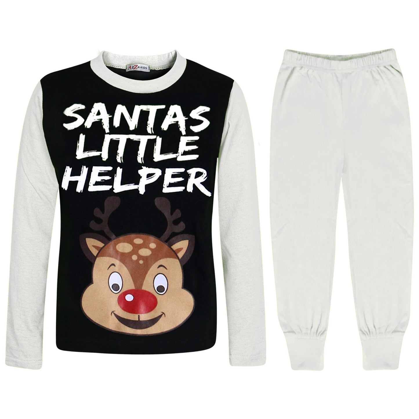Kids Girls Boys Pyjamas Santas Little Helper Reindeer Contrast Sleeves Xmas PJS