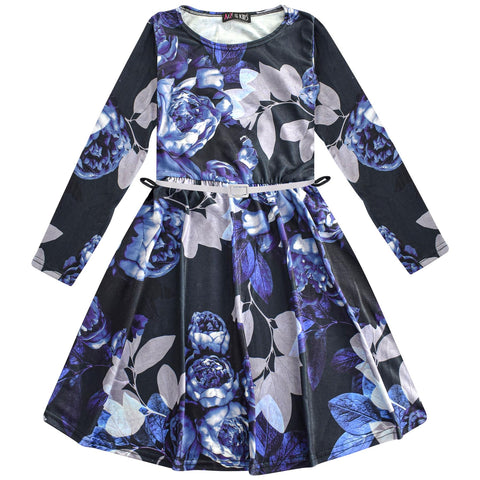 Kids Girls Skater Dress Long Sleeves Floral Print Party Fashion Summer Dresses