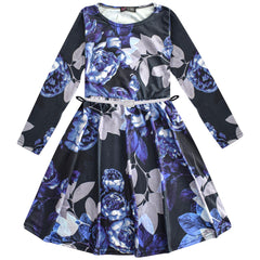 Kids Girls Skater Dress Long Sleeves Floral Print Party Fashion Summer Dresses