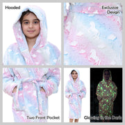 Kids Girls Fleece Glow In The Dark Sherpa Hooded Unicorn Dressing Gown Soft Robe