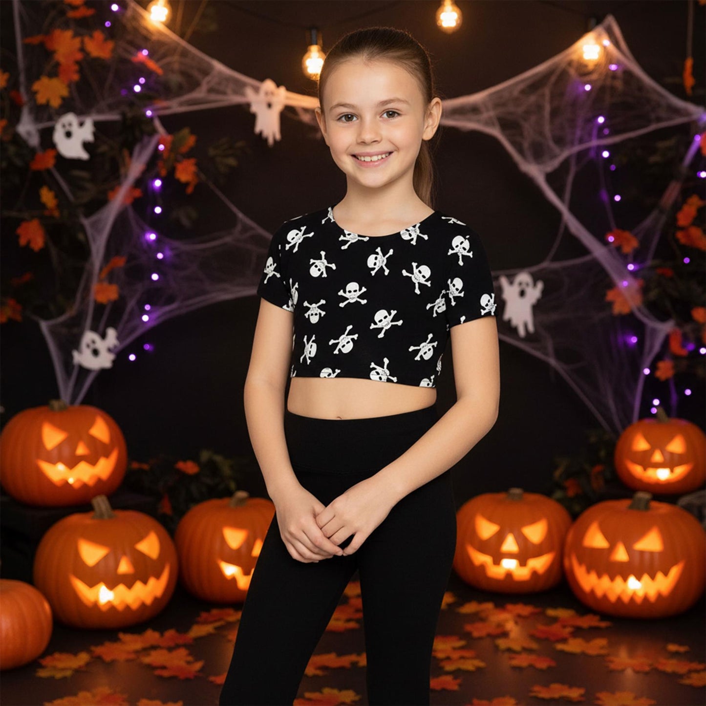 Kids Girls Skull Print Crop Top Legging Skater Dress Halloween Costume 7-13 Year