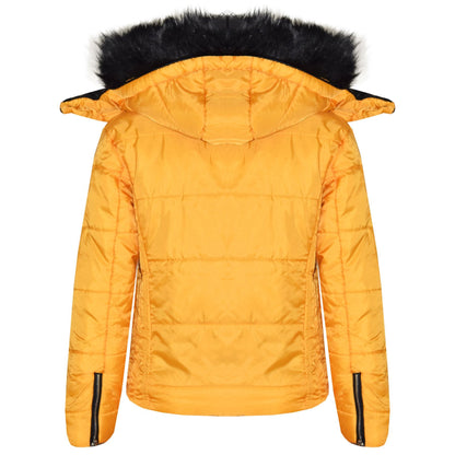 Girls Puffer Jacket Quilted Winter Coat Faux Fur Hood Warm Padded Zipped Coat