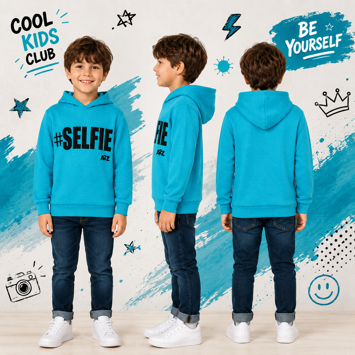 Kids Girls Boys Sweat Shirts Tops #Selfie Hooded Jumpers Hoodies New Age 2-13 Yr
