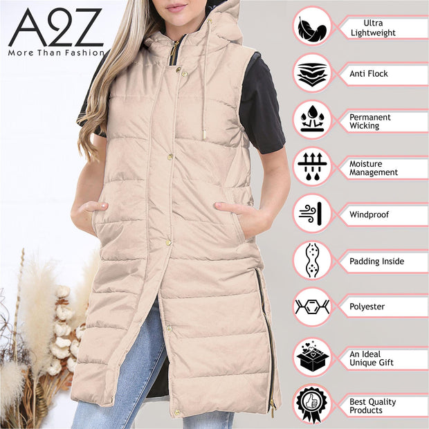 A2Z Ladies Adults Sleeveless Gilet Oversized Hooded Stone Quilted Gilet Padded Long Line Vest Jacket Sleeveless Coat Urban Winter Wear