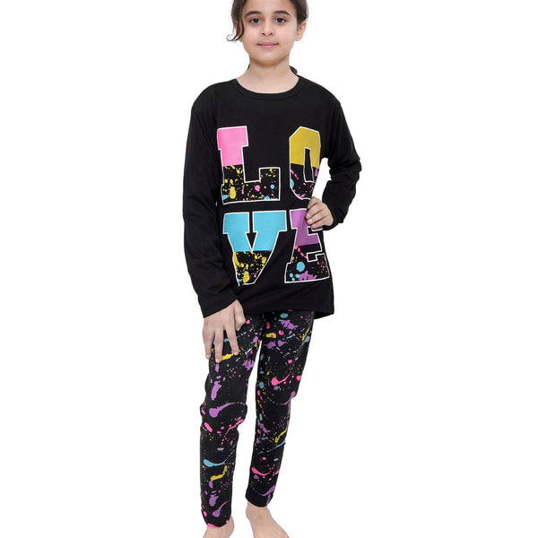 Kids Girls Long Sleeves Black Love Print T Shirt & Splash Legging Outfit Set
