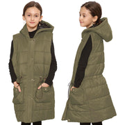 A2Z Kids Girls Down Vest Fashion Oversized Khaki Hooded Quilted Gilet Padded Long Line Vest Jacket Long Sleeveless Coat Urban Winter Wear Age 7-13 Years