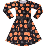 A2Z Kids Girls Skater Dress Long Sleeves Pumpkins & Spider Web Print Soft Comfortable Halloween Party Fashion Dresses - A2Z 4 Kids