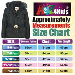 Kids Girls Puffer Jackets Faux Fur Hooded Zipped Belted Coats Age 5-13 Years