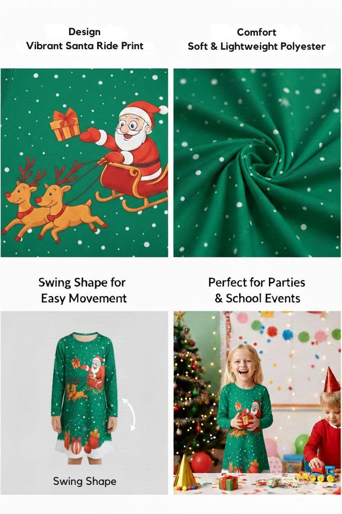Girls Christmas Swing Dress Santa Sleigh Print Long Sleeve Party Dress Outfit