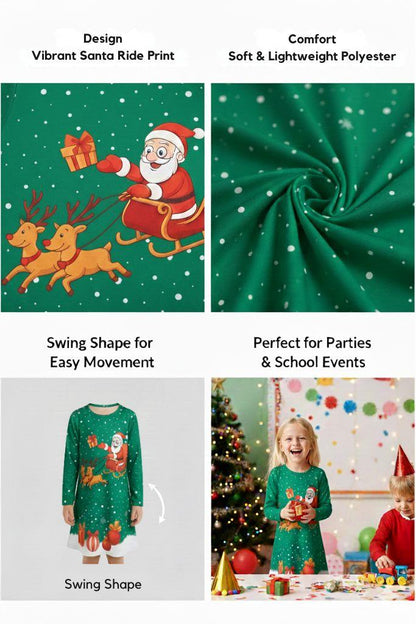 Girls Christmas Swing Dress Santa Sleigh Print Long Sleeve Party Dress Outfit