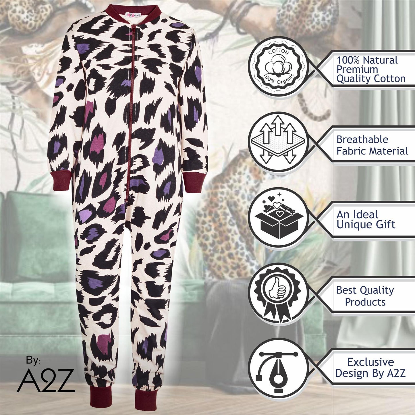 A2Z Onesie One Piece Kids Pyjamas Sleepsuit Leopard Print Costume For Girls