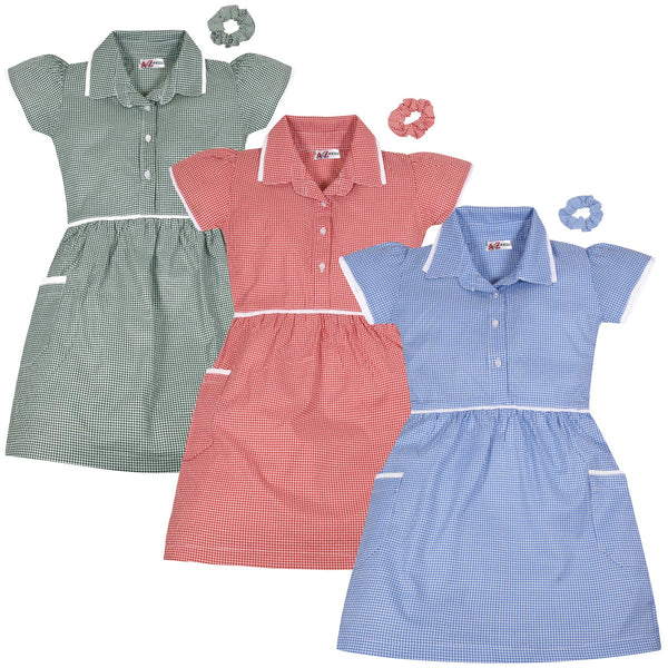 Kids Girls Gingham School Dress Check Dresses With Matching Scrunchies 2-14