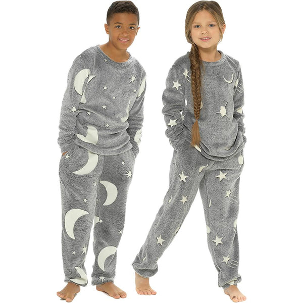 Kids Girls Boys Pyjamas Glow In The Dark Soft Flannel Fleece Sleepwear PJS Set
