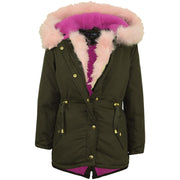 Kids Hooded Jacket Girls Fur Parka School Jackets Outwear Coat 5-13 Years