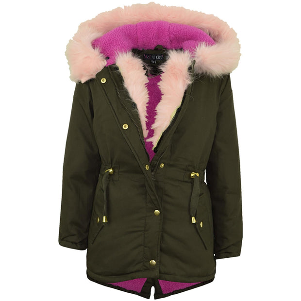 Kids Hooded Jacket Girls Fur Parka School Jackets Outwear Coat 5-13 Years