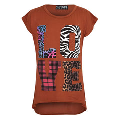 Kids Girls T Shirt LOVE Tartan Zebra Leopard Print Trendy Fashion Top 7-13 Years