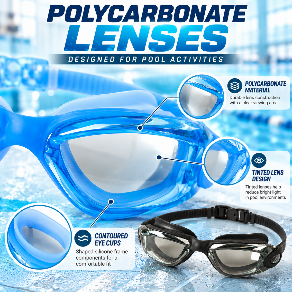 A2Z Adult Swimming Goggles 2 Pack Adjustable Strap Silicone Frame Pool Eyewear