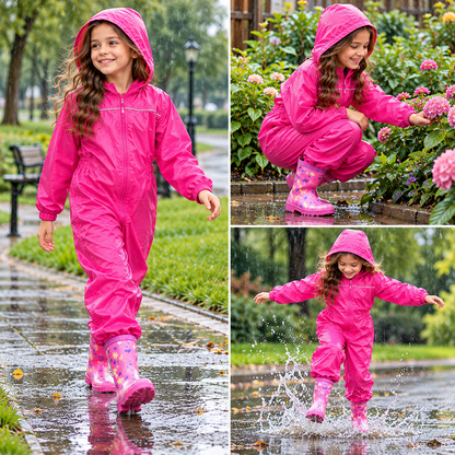 Girls Boys Raincoat Kids Puddle Suit Rainwear Waterproof Hooded Rainsuit 2-13 Yr