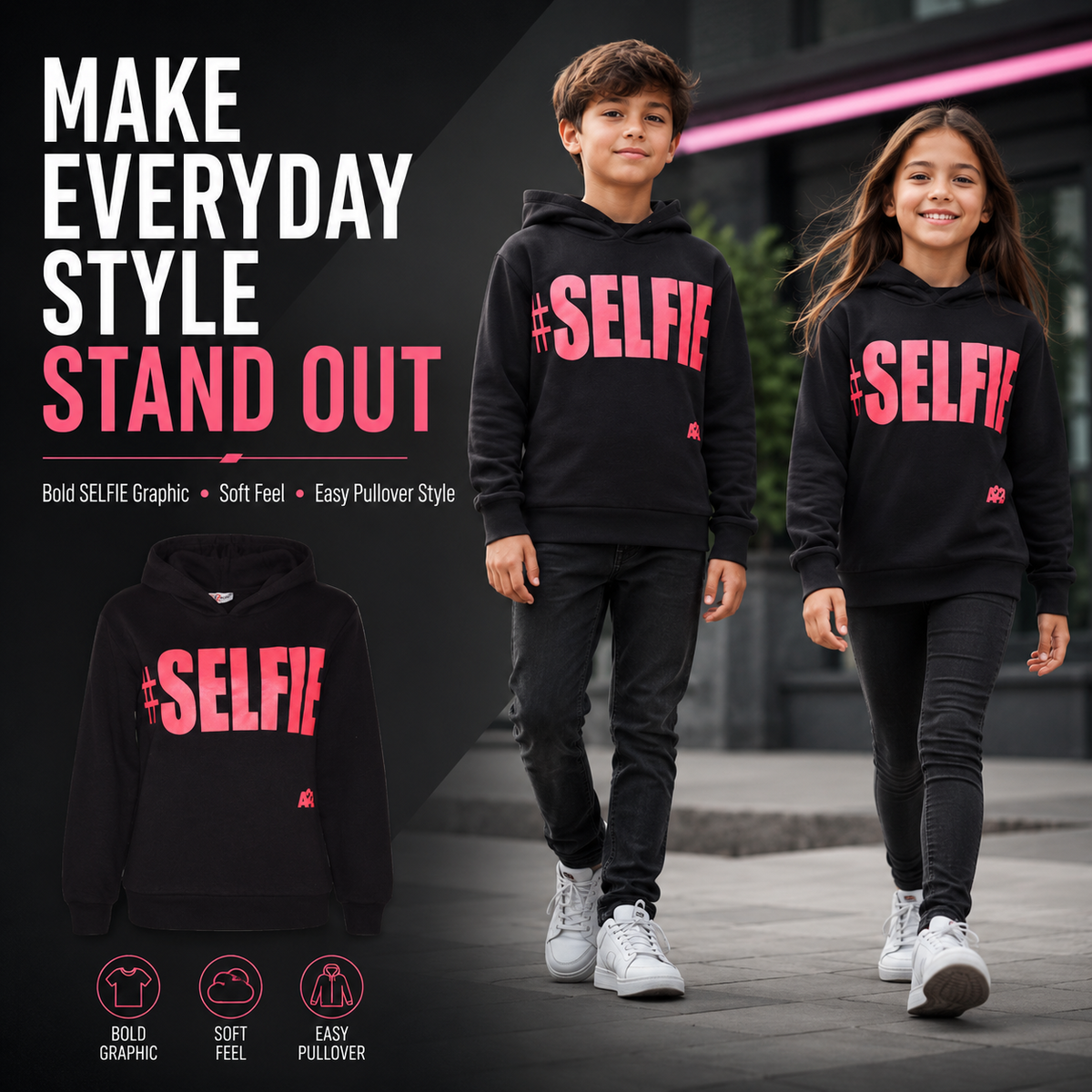 Kids Girls Boys Sweat Shirts Tops #Selfie Hooded Jumpers Hoodies New Age 2-13 Yr