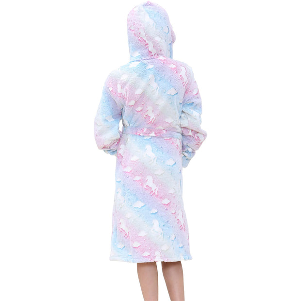 Kids Girls Fleece Glow In The Dark Sherpa Hooded Unicorn Dressing Gown Soft Robe