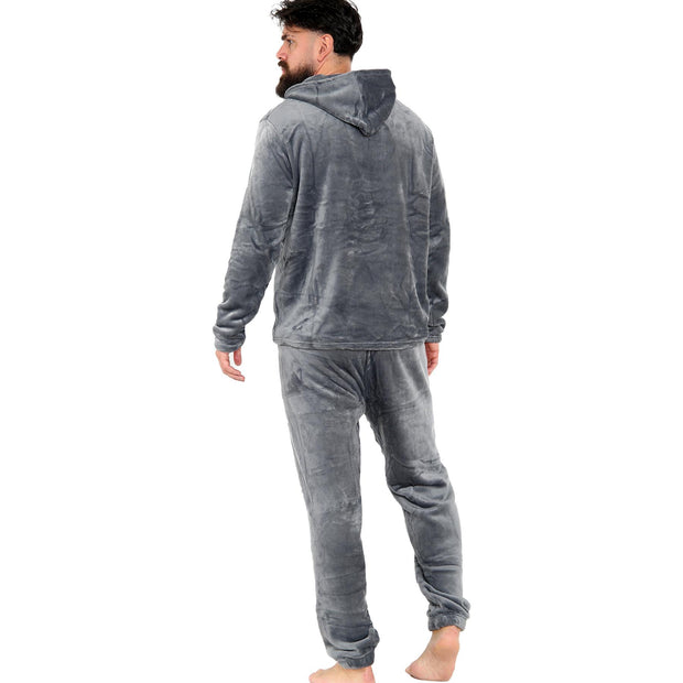 Mens Pyjamas Soft Warm Fleece Adults Hooded Pyjamas 2 Piece Gift Set For Mens
