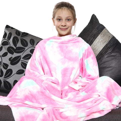 Girls Tie Dye Pink Wearable Snuggle Blanket With Sleeves Super Soft Warm Fleece