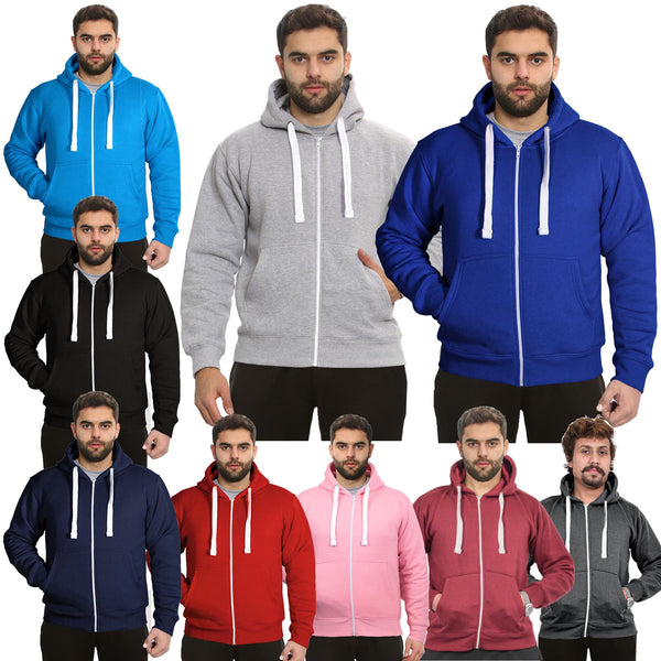 Mens Fleece Plain Zipper Hooded Long Sleeve Sweatshirt For Adults S-4XL
