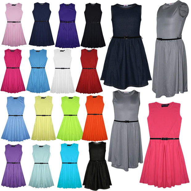 A2Z 4 Kids Girls Plain Skater Dress Party Sleeveless Flared Fashion Age 5-13 - A2Z 4 Kids