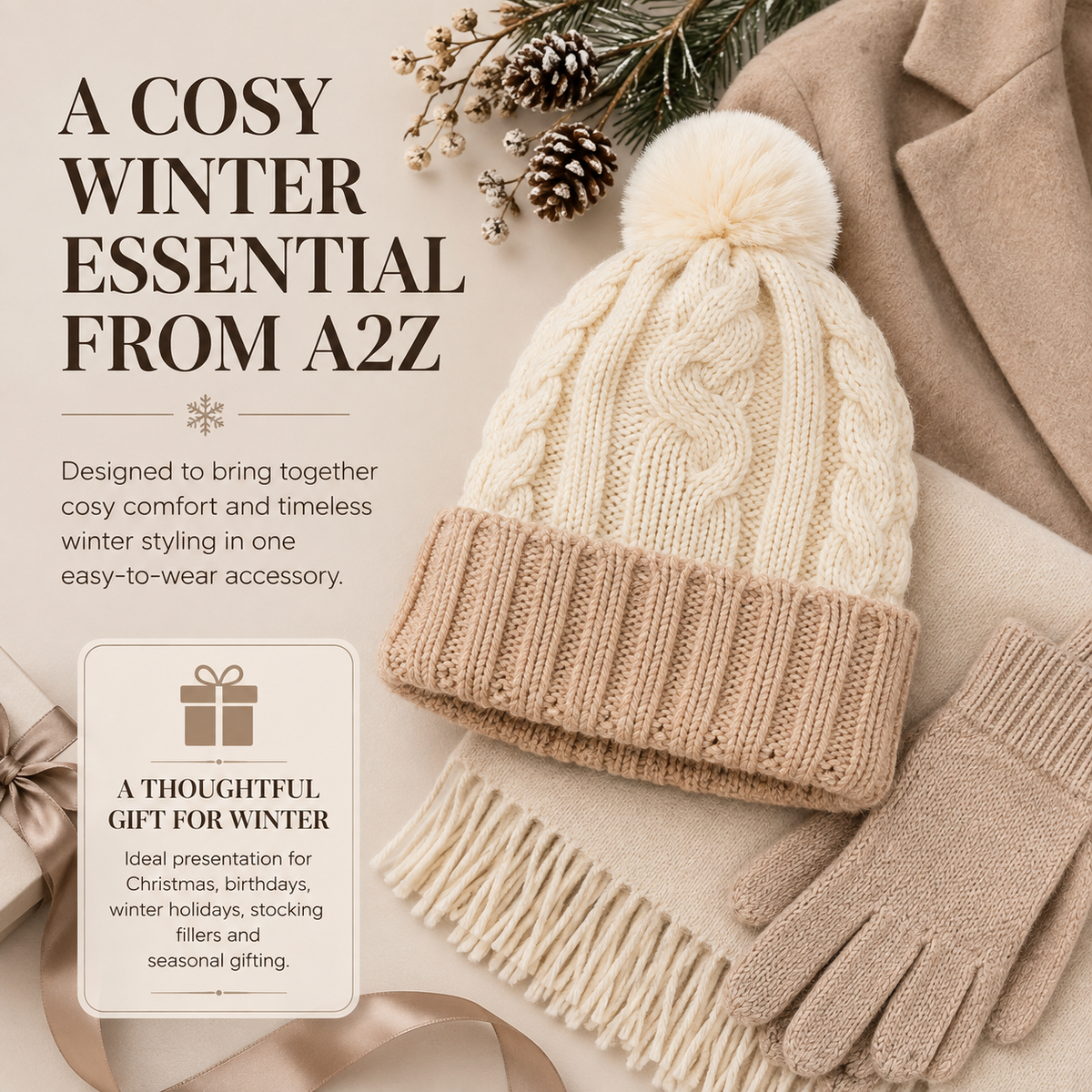 A2Z Ladies Hats Cable Chunky Bobble Knit Pom Pom Winter Warm Cozy Women Caps