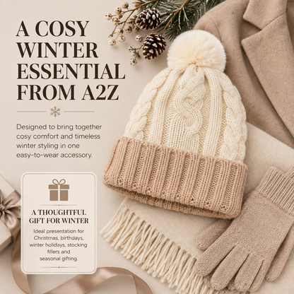 A2Z Ladies Hats Cable Chunky Bobble Knit Pom Pom Winter Warm Cozy Women Caps