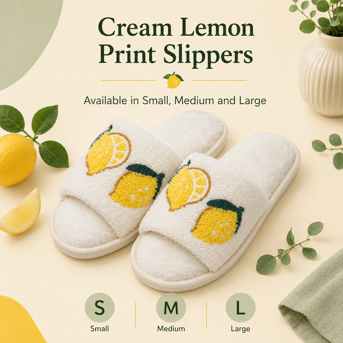 A2Z Ladies Cream Lemon Print Plush Open Toe Slippers Soft Indoor Shoes