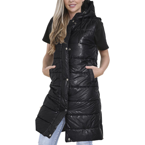 Ladies Sleeveless Gilet Oversized Hooded Quilted Gilet Padded Long Line Coat