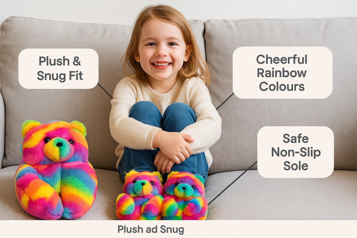 Kids Girls Womens 3D Rainbow Bear Slippers Cute Animal Face Soft Plush Warm Shoe