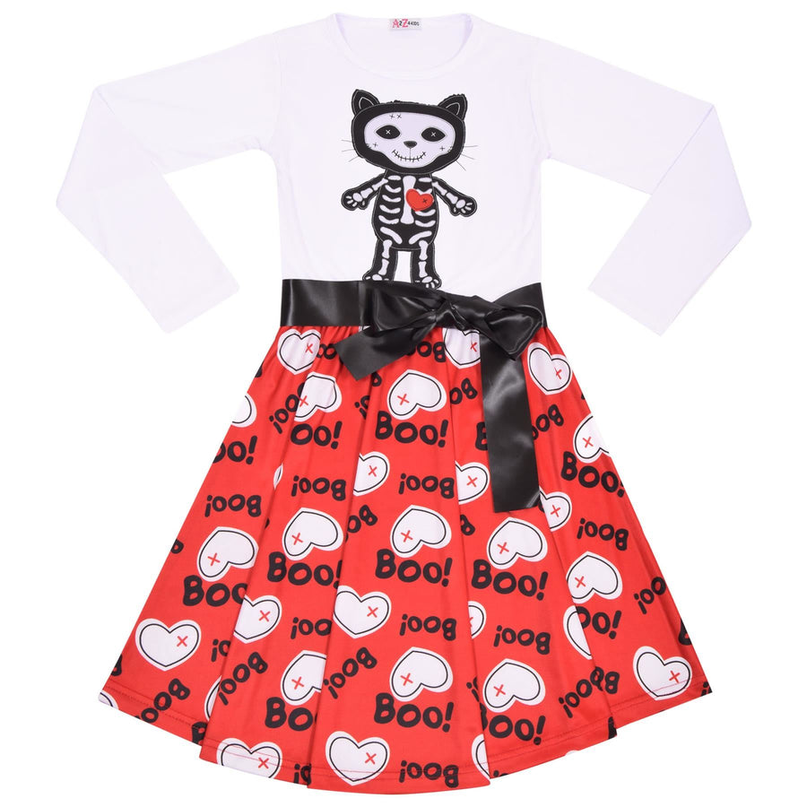 Kids Girls Skater Long Sleeves White Panelled Cat Skeleton Halloween Dresses