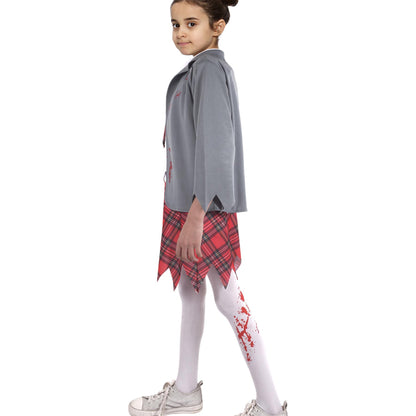 A2Z 4 Kids Girls Top Zombie School Girls Attire Lapel Collar Top & Trouser Set With Necktie Halloween Zombie Set