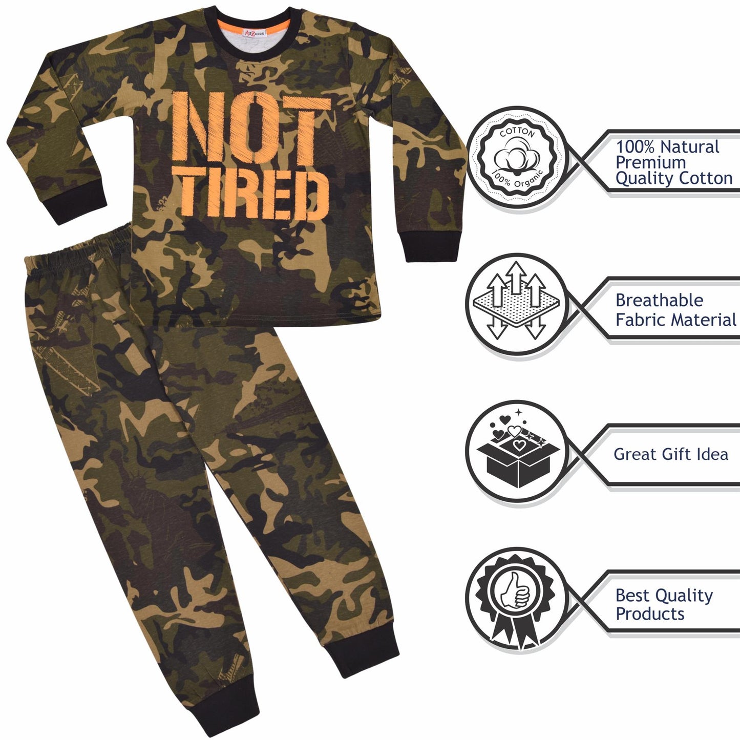 Kids Unisex Camo Green Print Pyjamas Children PJs Loungewear Age 2-13