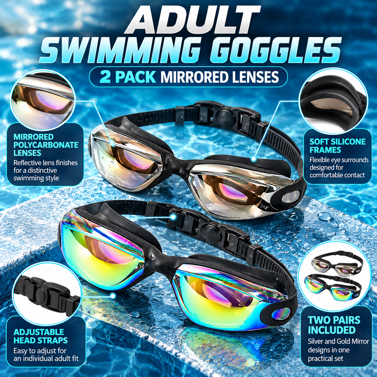 A2Z Adult Swimming Goggles 2 Pack Adjustable Strap Silicone Frame Pool Eyewear