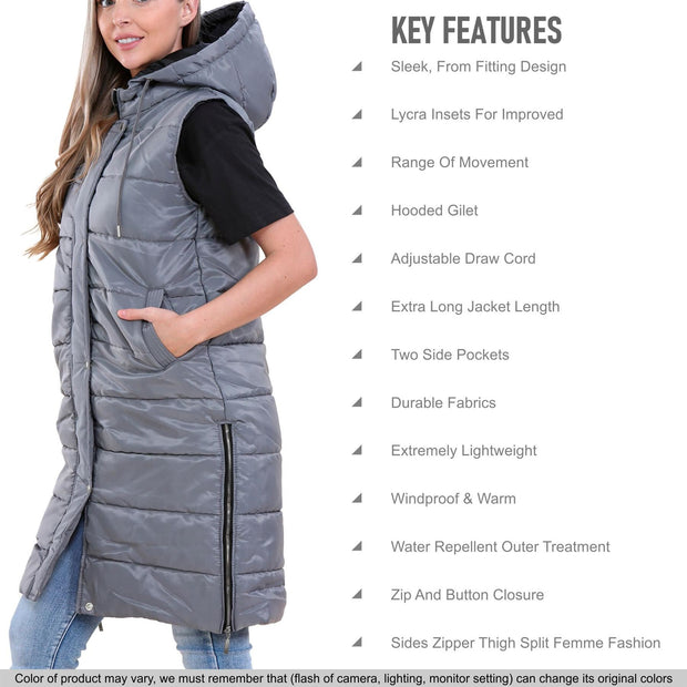 A2Z Ladies Adults Steel Grey Hooded Quilted Gilet Sleeveless Oversized Padded Gilet Long Line Vest Jacket Sleeveless Coat Urban Winter Wear S-4XL