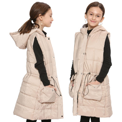 A2Z Kids Girls Down Vest Fashion Oversized Stone Hooded Quilted Gilet Padded Long Line Vest Jacket Long Sleeveless Coat Urban Winter Wear Age 7-13 Years