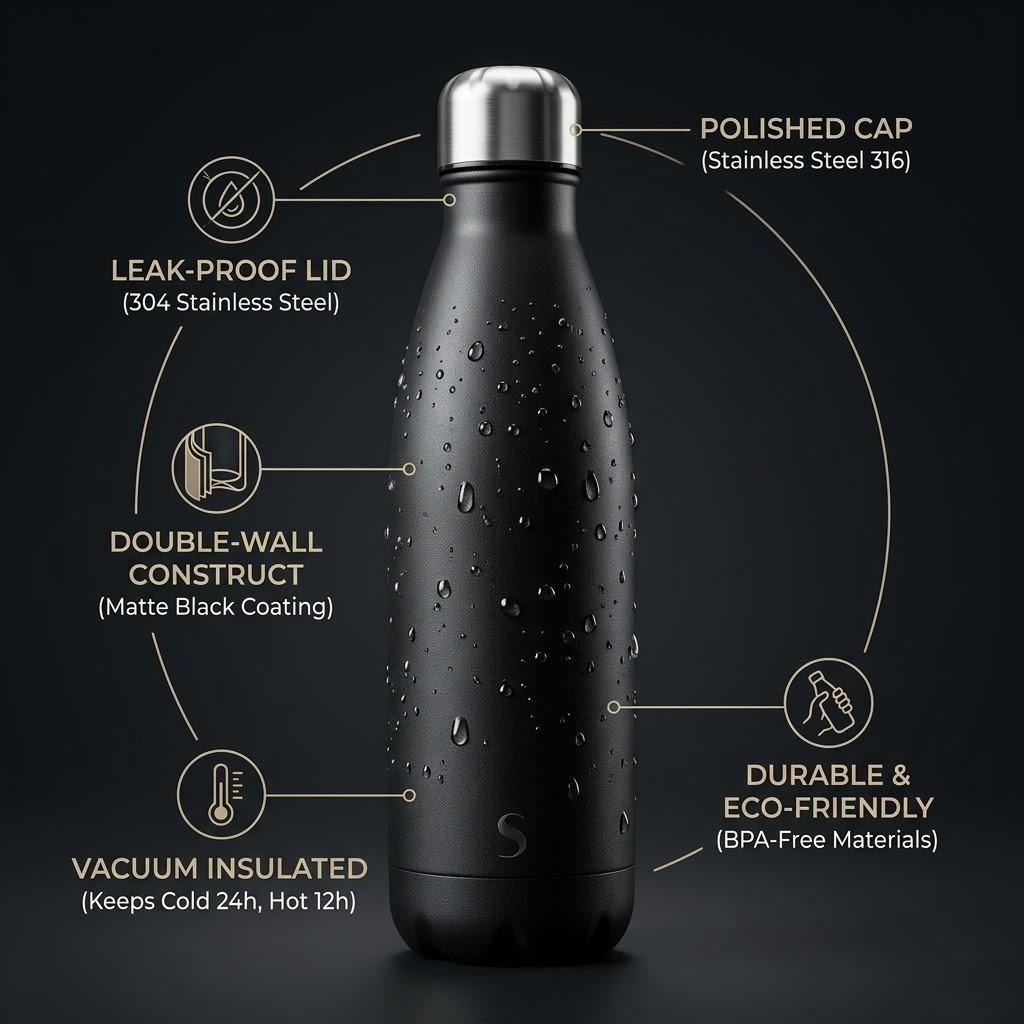 A2Z 500ml Stainless Steel Water Bottle Insulated Leakproof Flask Gym Travel