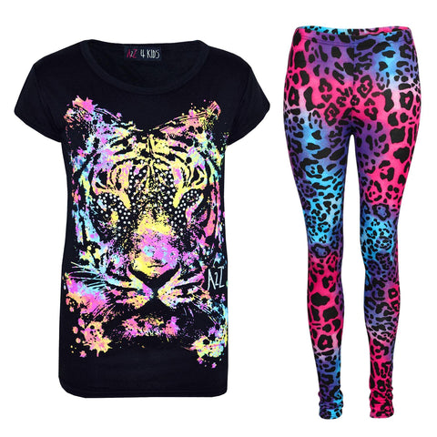 Kids Girls Multi Tiger Print Trendy T Shirt Top & Fashion Legging Set 7-13 Year