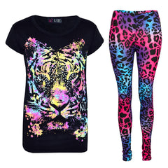 Kids Girls Multi Tiger Print Trendy T Shirt Top & Fashion Legging Set 7-13 Year