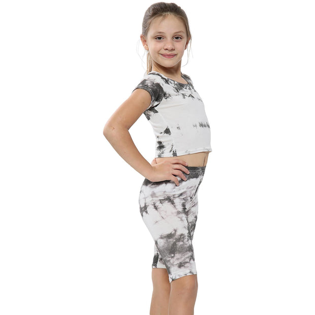 A2Z 4 Kids Tie Dye Grey Crop Top & Cycling Shorts Set Short Sleeves T Shirt Summer Outfit 2 Piece Activewear Girls Boys Age 5-13 years