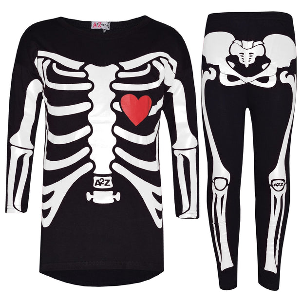 Kids Girls Skeleton Print T Shirt Top & Legging White Halloween Costume Set - A2Z 4 Kids