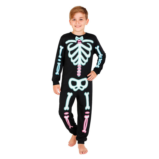 A2Z 4 Kids Boys Skeleton Attire With Bow Tie Halloween Cosplay Onesie For Trick Or Treating