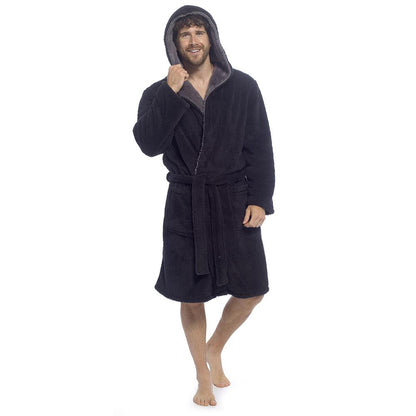 A2Z Mens Sherpa Fleece Hooded Robe Soft Warm Fluffy Bathrobe Cosy Loungewear