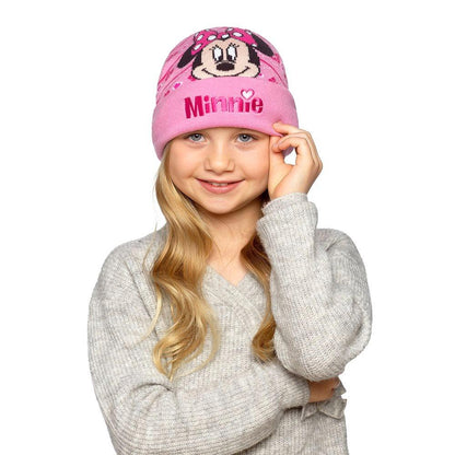 Disney Minnie Mouse Girls Pink Jacquard Knitted Winter Beanie Hat One Size