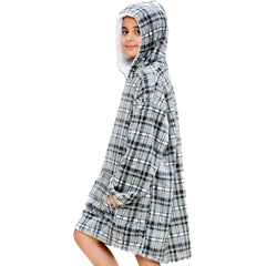 Kids Girls Boys Oversized Hoodie Blue Tartan Printed Snuggle Soft Fleece Blanket