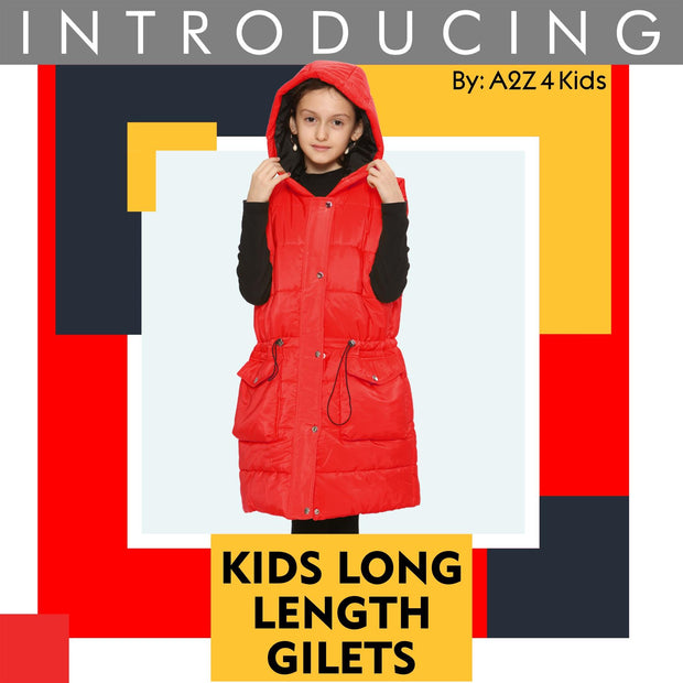 A2Z Kids Girls Down Vest Fashion Oversized Red Hooded Quilted Gilet Padded Long Line Vest Jacket Long Sleeveless Coat Urban Winter Wear Age 7-13 Years